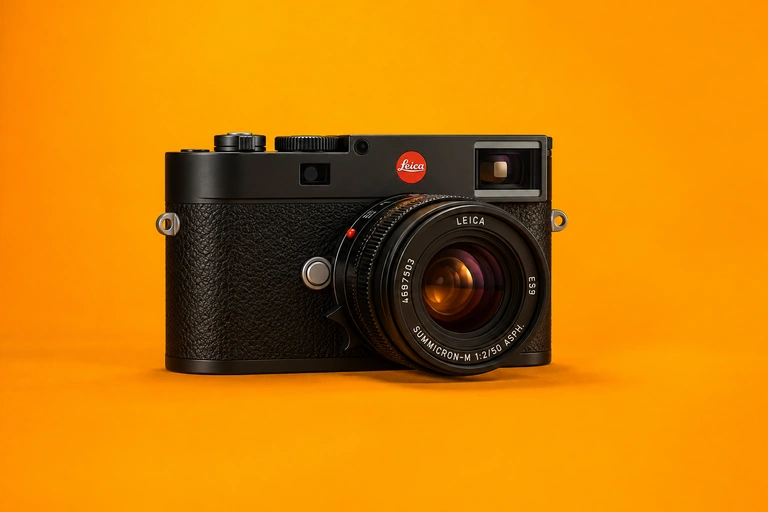 Black Leica M11 on an orange studio background
